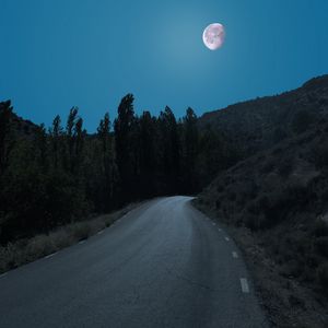 Превью обои дорога, деревья, луна, ночь