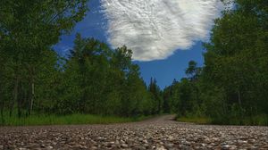 Превью обои дорога, деревья, облака, даль