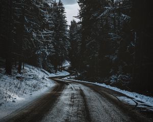 Превью обои дорога, деревья, снег, зима, извилистый