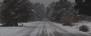 Превью обои дорога, деревья, снег, заснеженный, зима