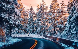 Превью обои дорога, деревья, снег, закат, поворот