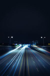 Превью обои дорога, длинная выдержка, ночь, свечение, фонари