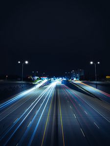 Превью обои дорога, длинная выдержка, ночь, свечение, фонари