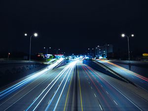 Превью обои дорога, длинная выдержка, ночь, свечение, фонари