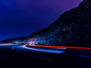 Превью обои дорога, длинная выдержка, свечение, ночь