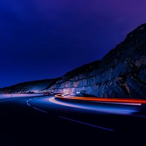Превью обои дорога, длинная выдержка, свечение, ночь