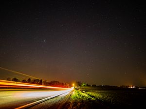 Превью обои дорога, длительное воздействие, звездное небо, звезды, ночь