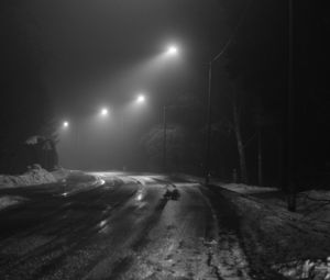 Превью обои дорога, фонари, ночь, снег, чб, темный