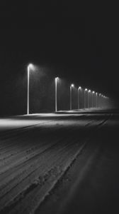 Превью обои дорога, фонари, ночь, снег, темный