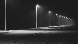 Превью обои дорога, фонари, ночь, снег, темный