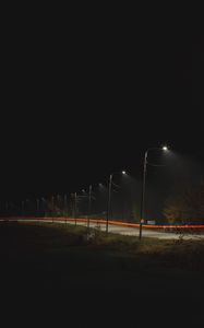 Превью обои дорога, фонари, свет, длинная выдержка, темный