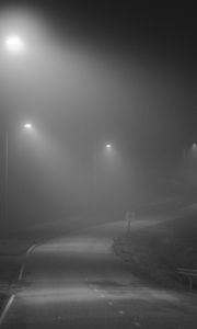 Превью обои дорога, фонари, туман, темный, чб