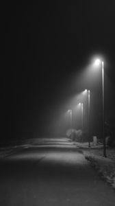Превью обои дорога, фонари, улица, темный, чб, ночь