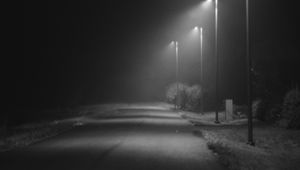 Превью обои дорога, фонари, улица, темный, чб, ночь