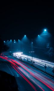 Превью обои дорога, фризлайт, огни, свечение, ночь