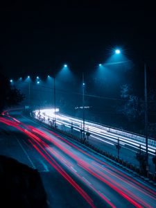 Превью обои дорога, фризлайт, огни, свечение, ночь