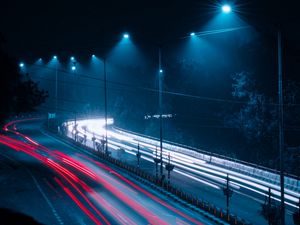 Превью обои дорога, фризлайт, огни, свечение, ночь