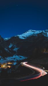 Превью обои дорога, гора, ночь, огни, снег, темный