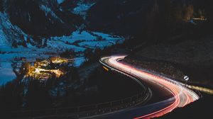 Превью обои дорога, гора, ночь, огни, снег, темный