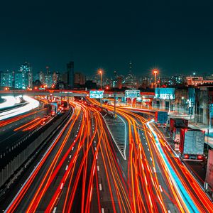 Превью обои дорога, город, вид сверху, огни, длинная выдержка