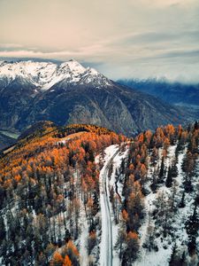Превью обои дорога, горы, лес, деревья, снег, заснеженный