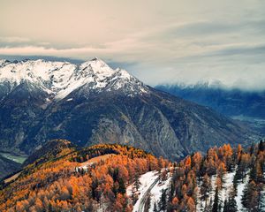 Превью обои дорога, горы, лес, деревья, снег, заснеженный