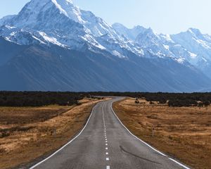 Превью обои дорога, горы, разметка, гора кука, новая зеландия