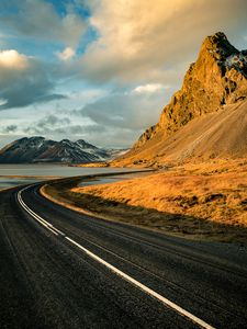 Превью обои дорога, горы, скалы, вода, поворот