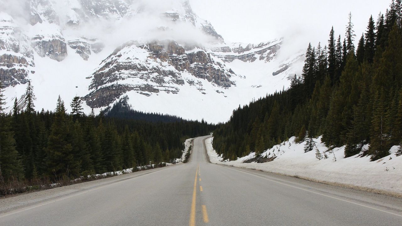 Обои дорога, горы, снег, лес, природа