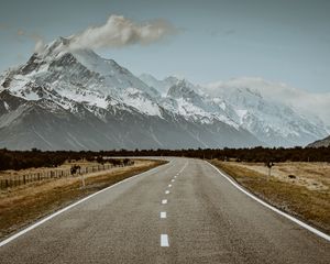 Превью обои дорога, горы, снег, облака, пейзаж