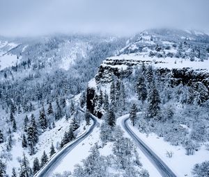 Превью обои дорога, горы, вид сверху, снег, зима