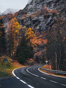 Превью обои дорога, извилистый, скалы, разметка, туман