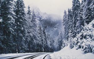 Превью обои дорога, лес, поворот, горы, заснеженный, зима, деревья