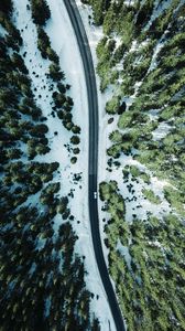 Превью обои дорога, лес, снег, деревья, вид сверху