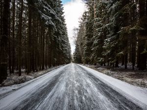 Превью обои дорога, лес, снег, сосны, деревья, зима