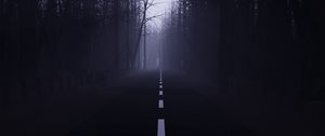 Превью обои дорога, лес, туман, мгла, деревья, темный
