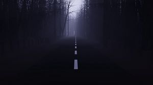 Превью обои дорога, лес, туман, мгла, деревья, темный