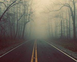 Превью обои дорога, лес, туман, разметка, линии, мистика, загадка, мгла