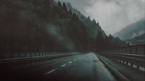 Превью обои дорога, лес, туман, темный