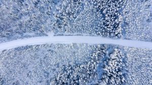 Превью обои дорога, лес, вид сверху, снег, зима