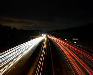 Превью обои дорога, линии, длинная выдержка, свечение