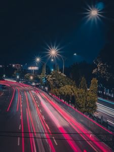 Превью обои дорога, линии, длинная выдержка, свечение, разметка