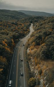 Превью обои дорога, машины, лес, деревья, осень