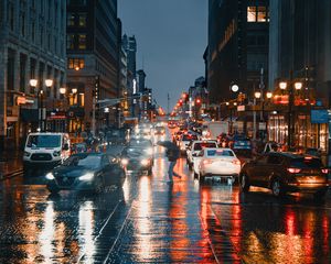 Превью обои дорога, машины, улица, город, дождь