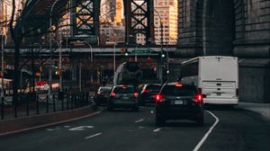 Превью обои дорога, мост, автомобили, город, архитектура