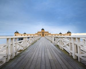 Превью обои дорога, мост, деревянный, храм