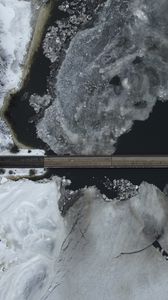 Превью обои дорога, мост, река, лед, снег, зима, вид сверху