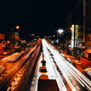 Превью обои дорога, ночь, автомобили, свет, длинная выдержка, темный