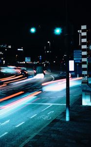 Превью обои дорога, ночь, фонари, огни, длинная выдержка