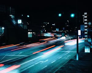 Превью обои дорога, ночь, фонари, огни, длинная выдержка